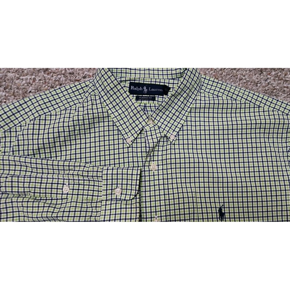 Ralph Lauren Shirt 2XL Plaid Button Up Long Sleeve Classic Fit Lime Green & Navy